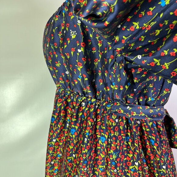 Betsey Johnson Size 8 High-Waisted Silk Dress Puff Sleeve Red Blue Floral - Picture 8 of 12